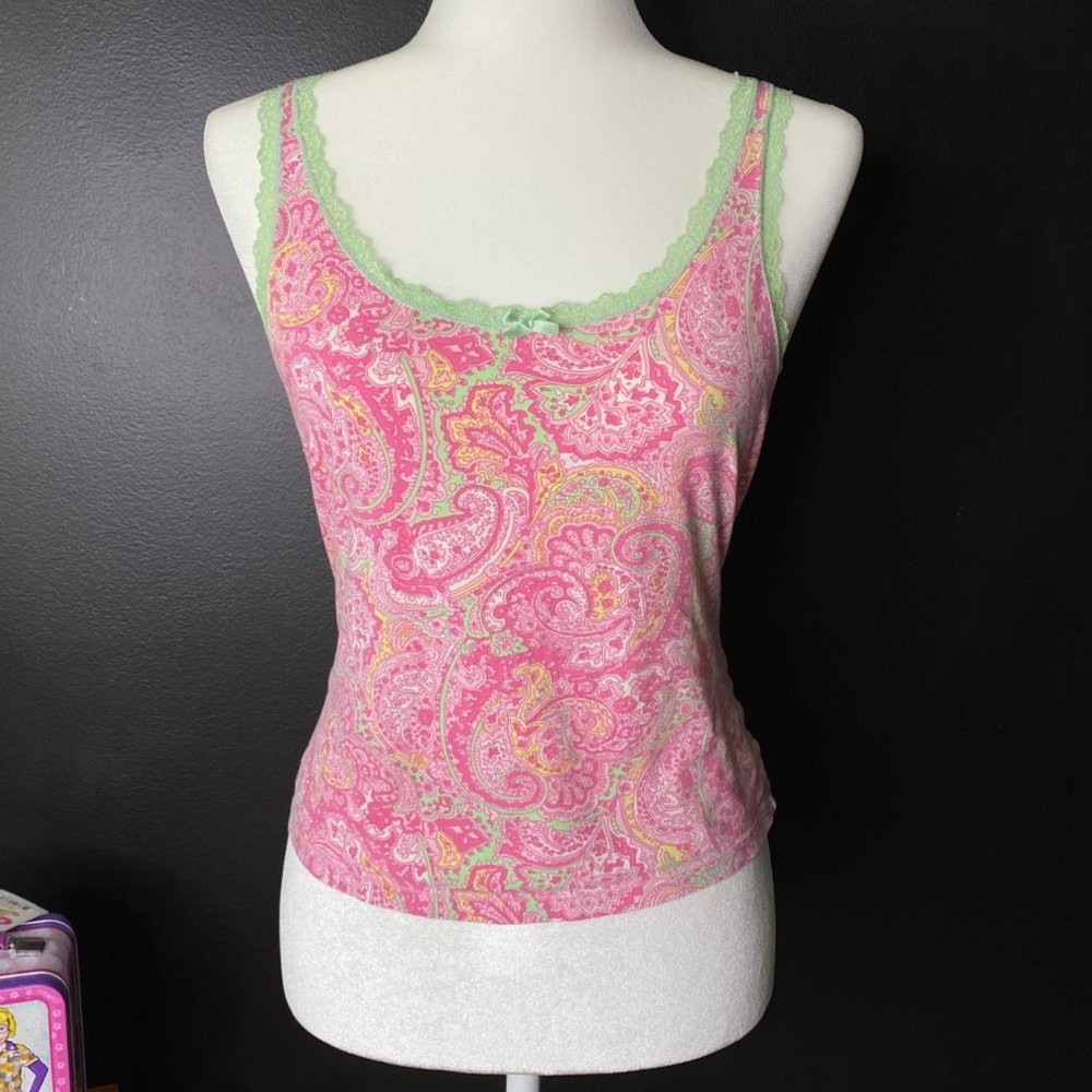 Y2K Pink & Green Paisley Lace Trim Tank Top